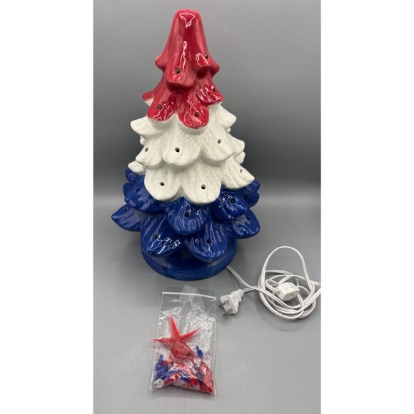 Ceramic‎ Patriotic Christmas Tree Lighted Decoration Red White Blue Plug-In Cord - Picture 1 of 7